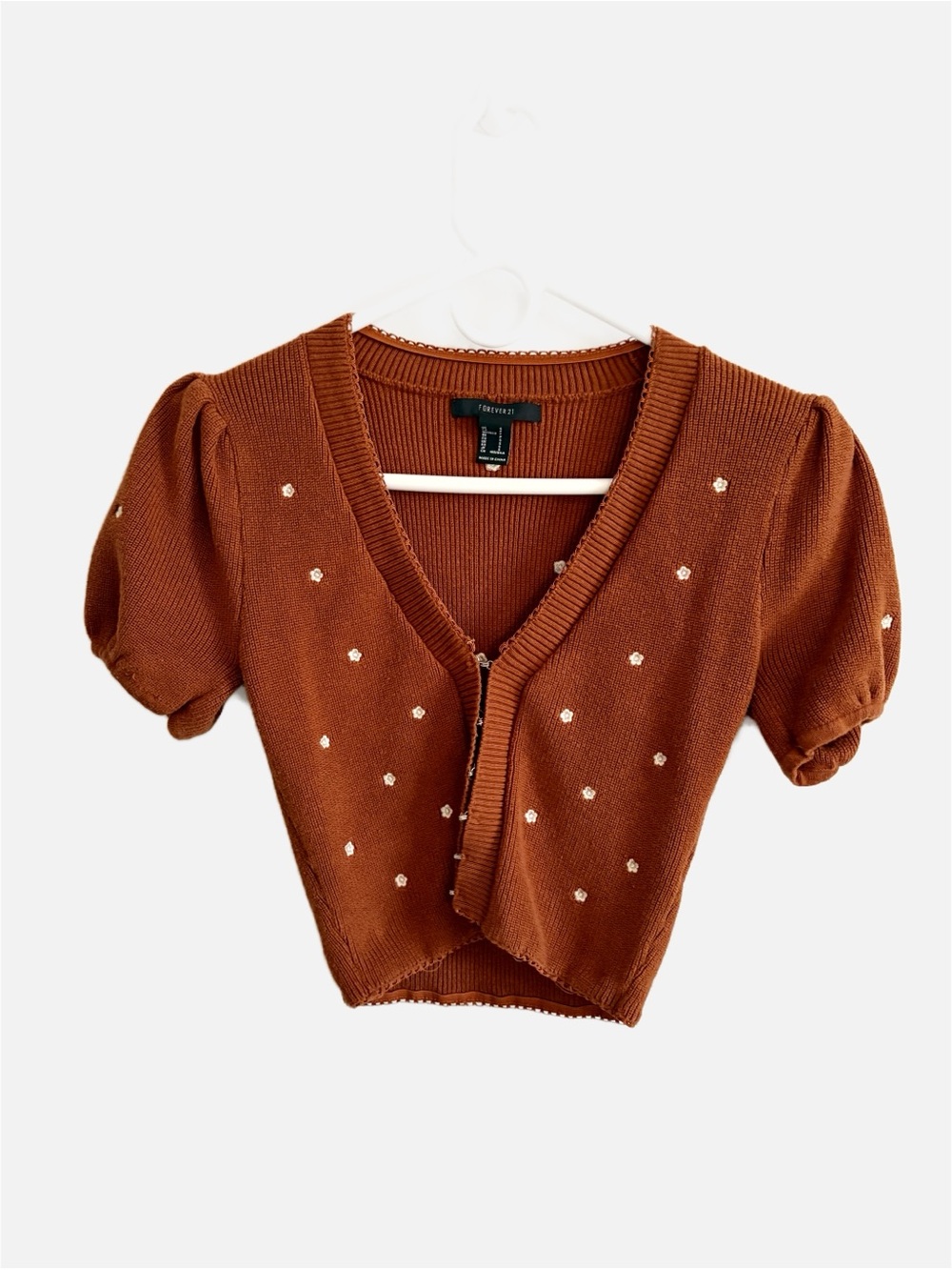 Forever 21 Brown Cropped Puff Short Sleeve Cardigan Floral Embroidered